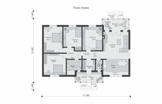 Одноэтажный дом с верандой и четырьмя спальнями